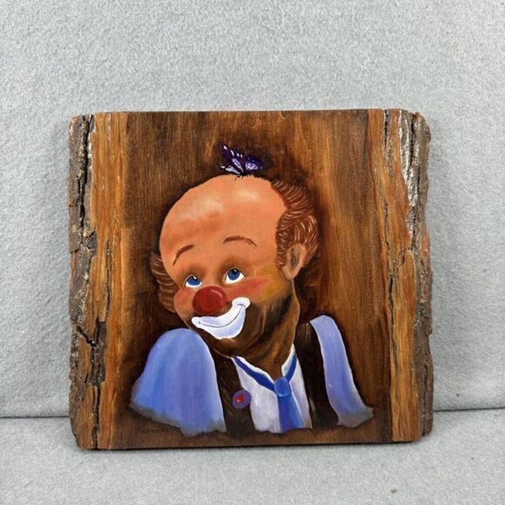 Vtg Clown Butterfly Oil Painting Wood Bark Edge Happy Circusβ Folk Art 11x10